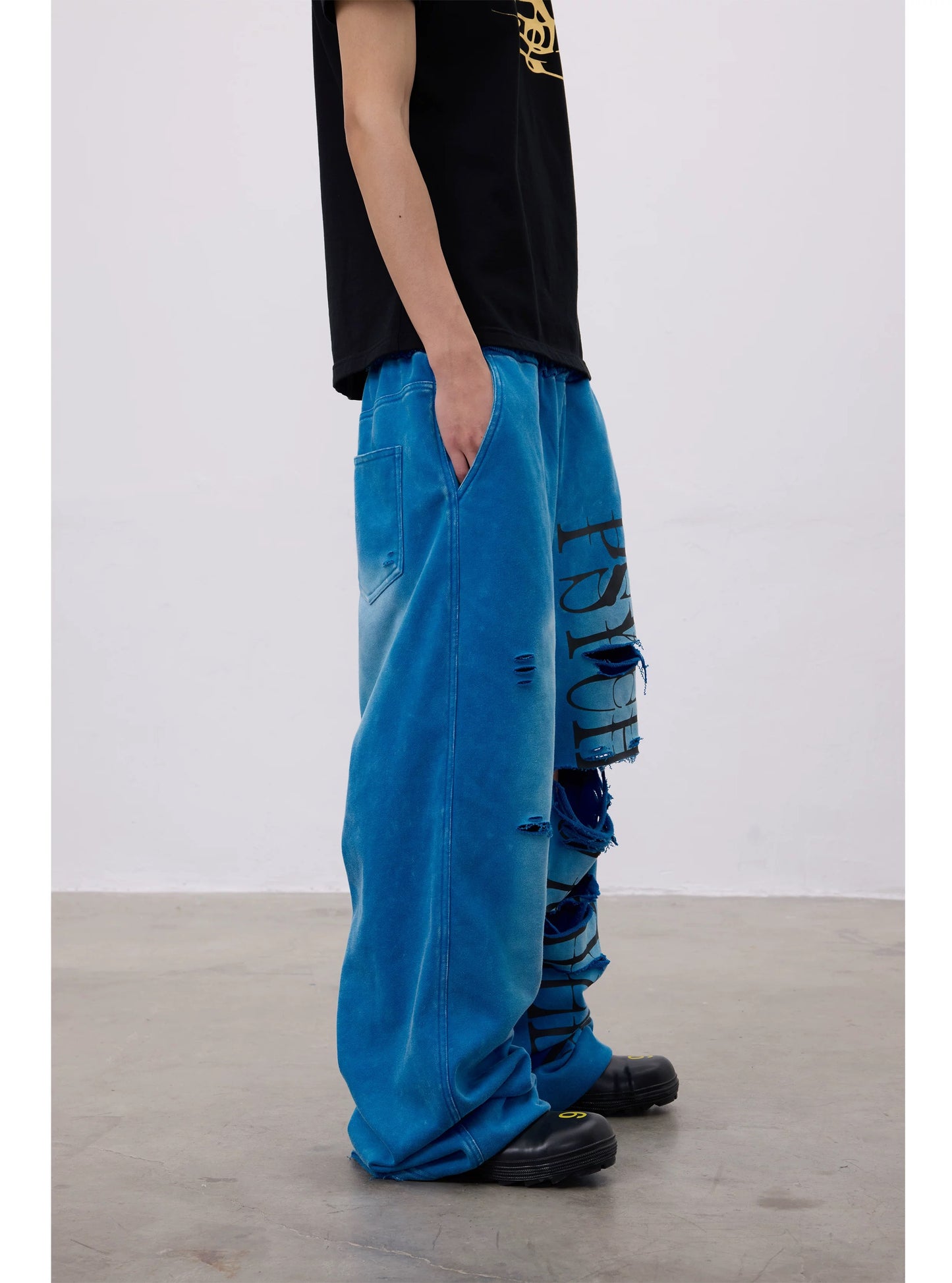 PSYCHOKILLER Washed Blue Distressed Sweatpants