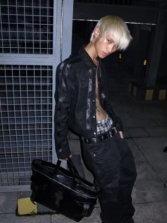 Vein Texture Silver Black Cropped Leather Jacket