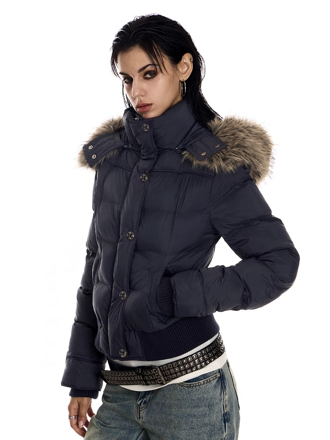 0123Start Navy Detachable Fur Hood Cropped Puffer Jacket - Navy side