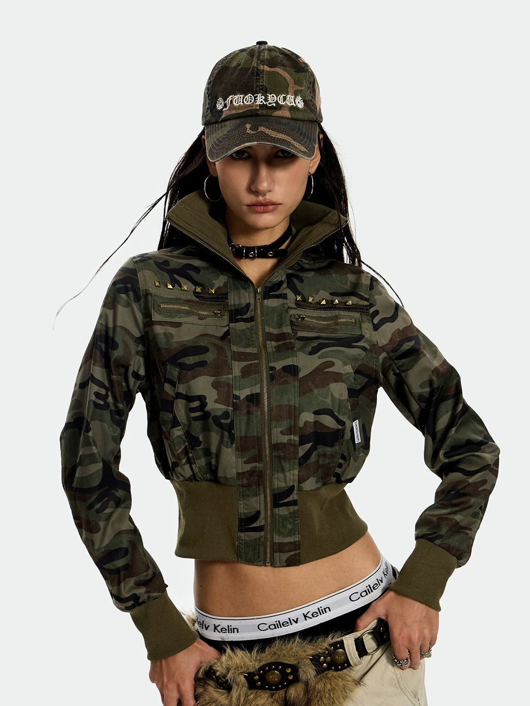 0123Start Studded Camo Cropped Utility Jacket - Camo stand collar