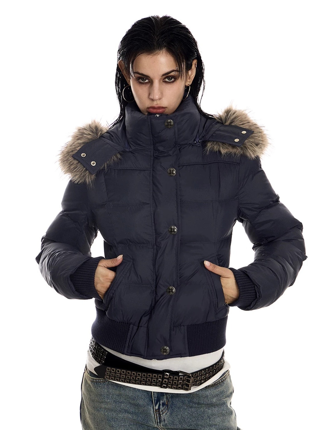 0123Start Navy Detachable Fur Hood Cropped Puffer Jacket - Navy hands in pockets