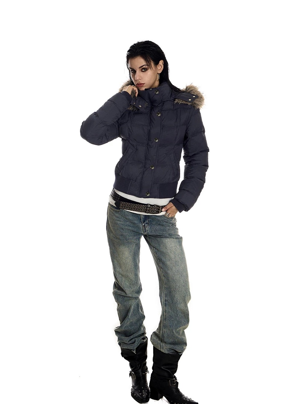 0123Start Navy Detachable Fur Hood Cropped Puffer Jacket - Navy full look