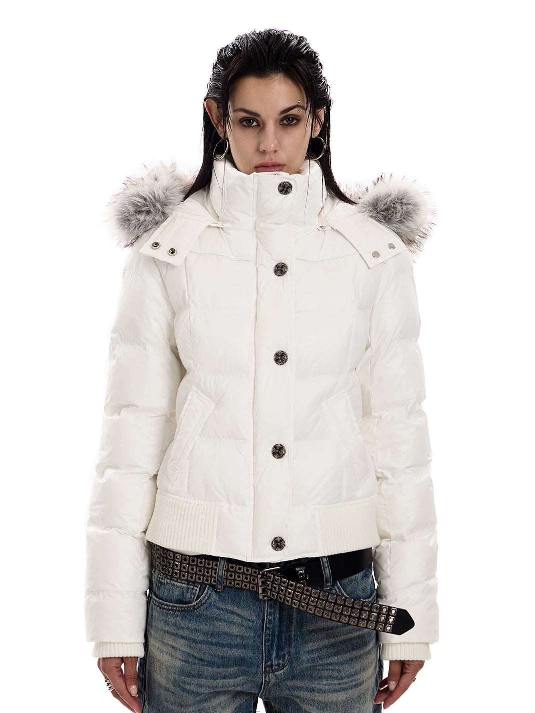 0123Start Navy Detachable Fur Hood Cropped Puffer Jacket - Cream White front