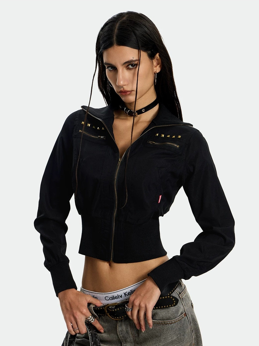 0123Start Studded Camo Cropped Utility Jacket - Black studded chest