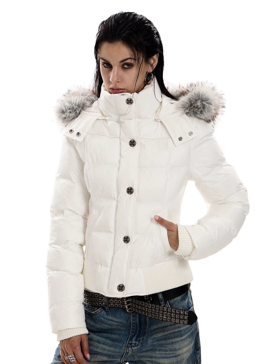 0123Start Navy Detachable Fur Hood Cropped Puffer Jacket - Cream White side
