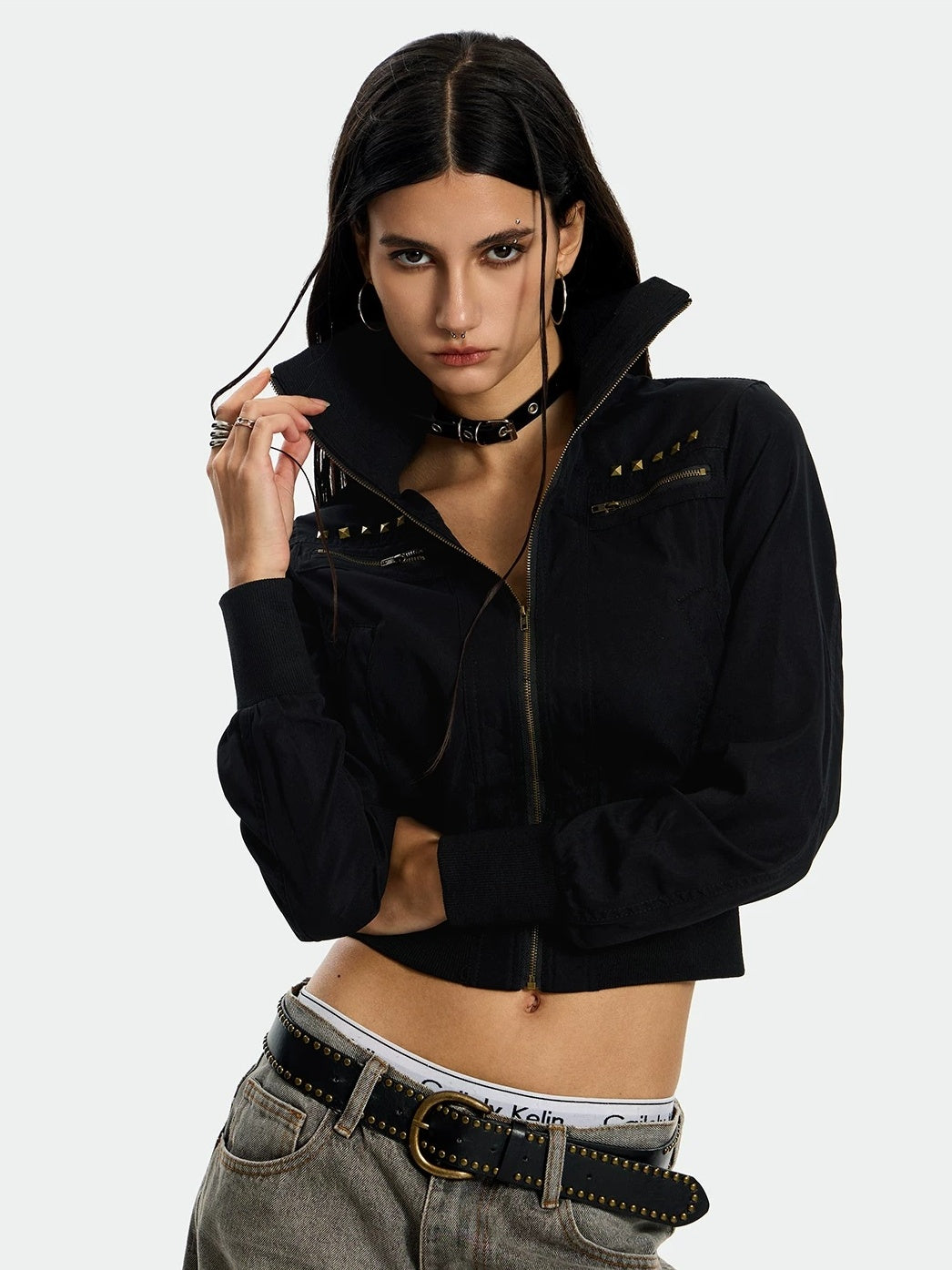 0123Start Studded Camo Cropped Utility Jacket - Black collar up