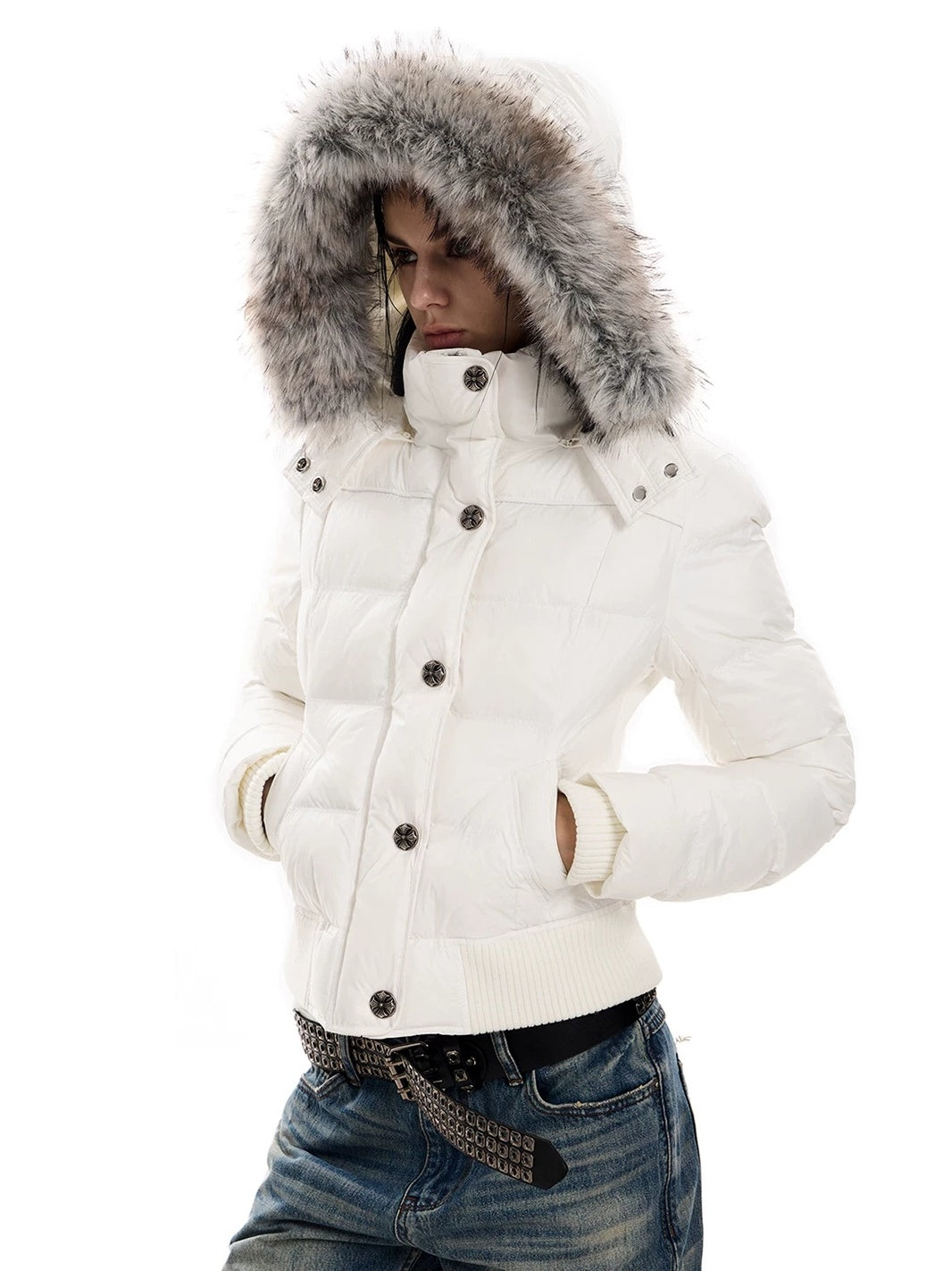 0123Start Navy Detachable Fur Hood Cropped Puffer Jacket - Cream White hood up