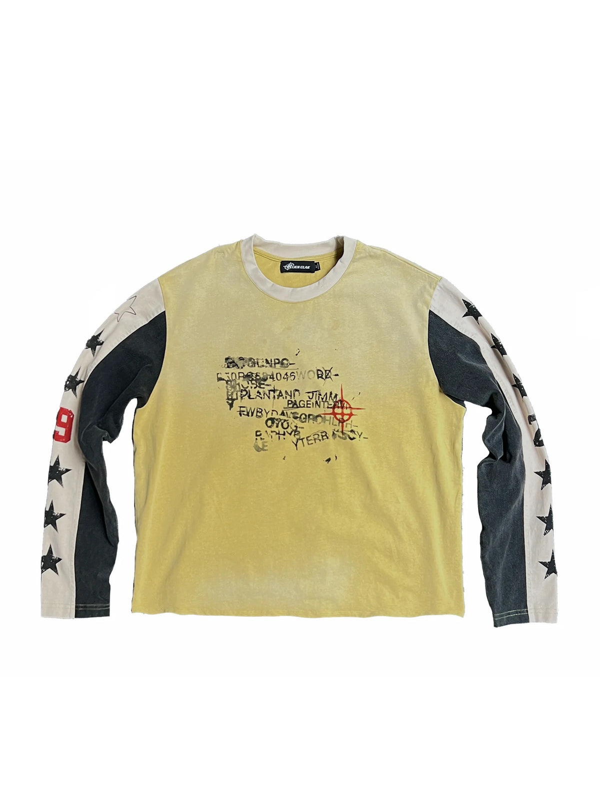 Washed Star Patchwork Distressed Long Sleeve T-Shirt - Faded Yellow front